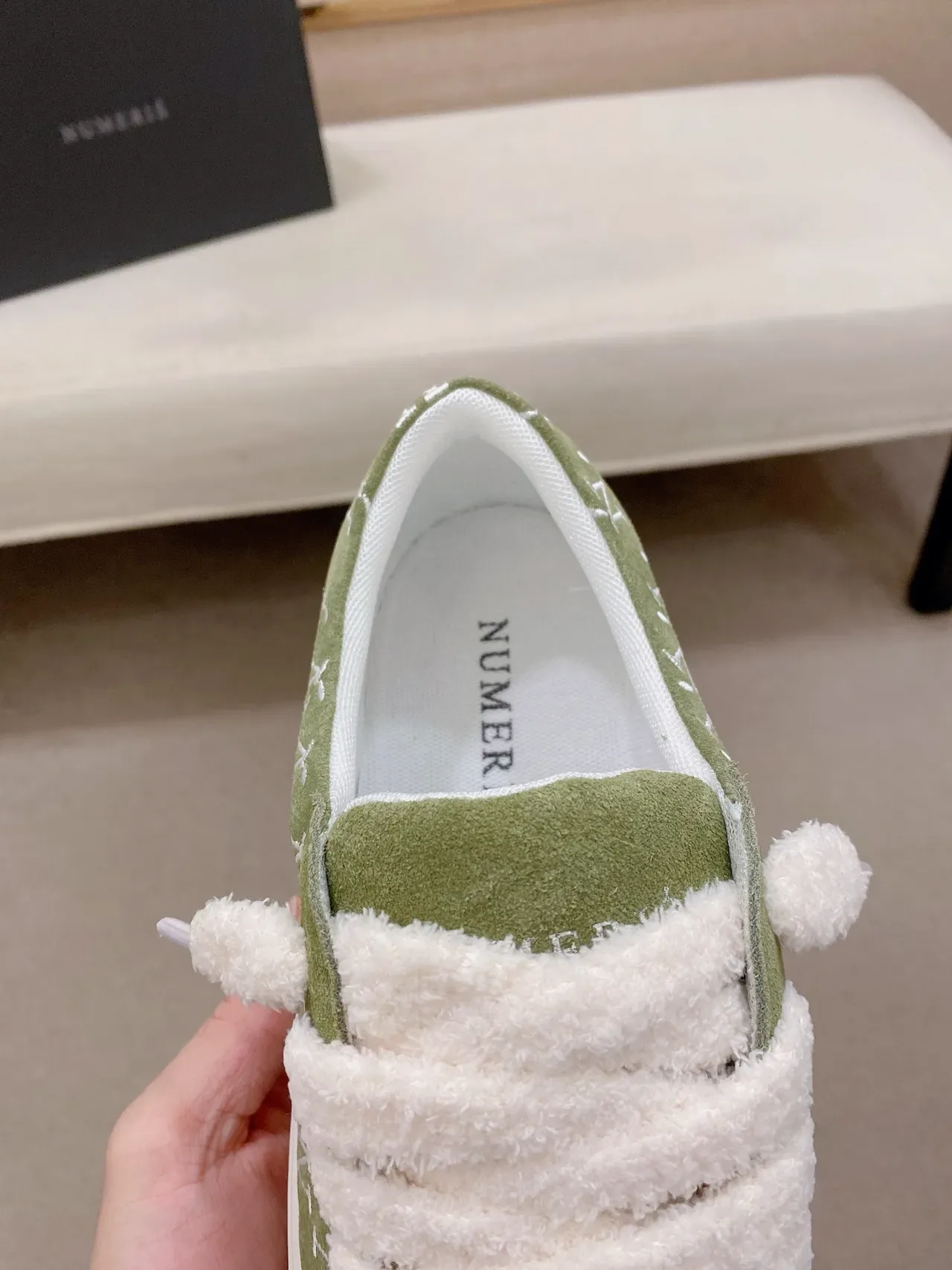 Green White Olive Suede Embroidered N Pattern Sneakers 4