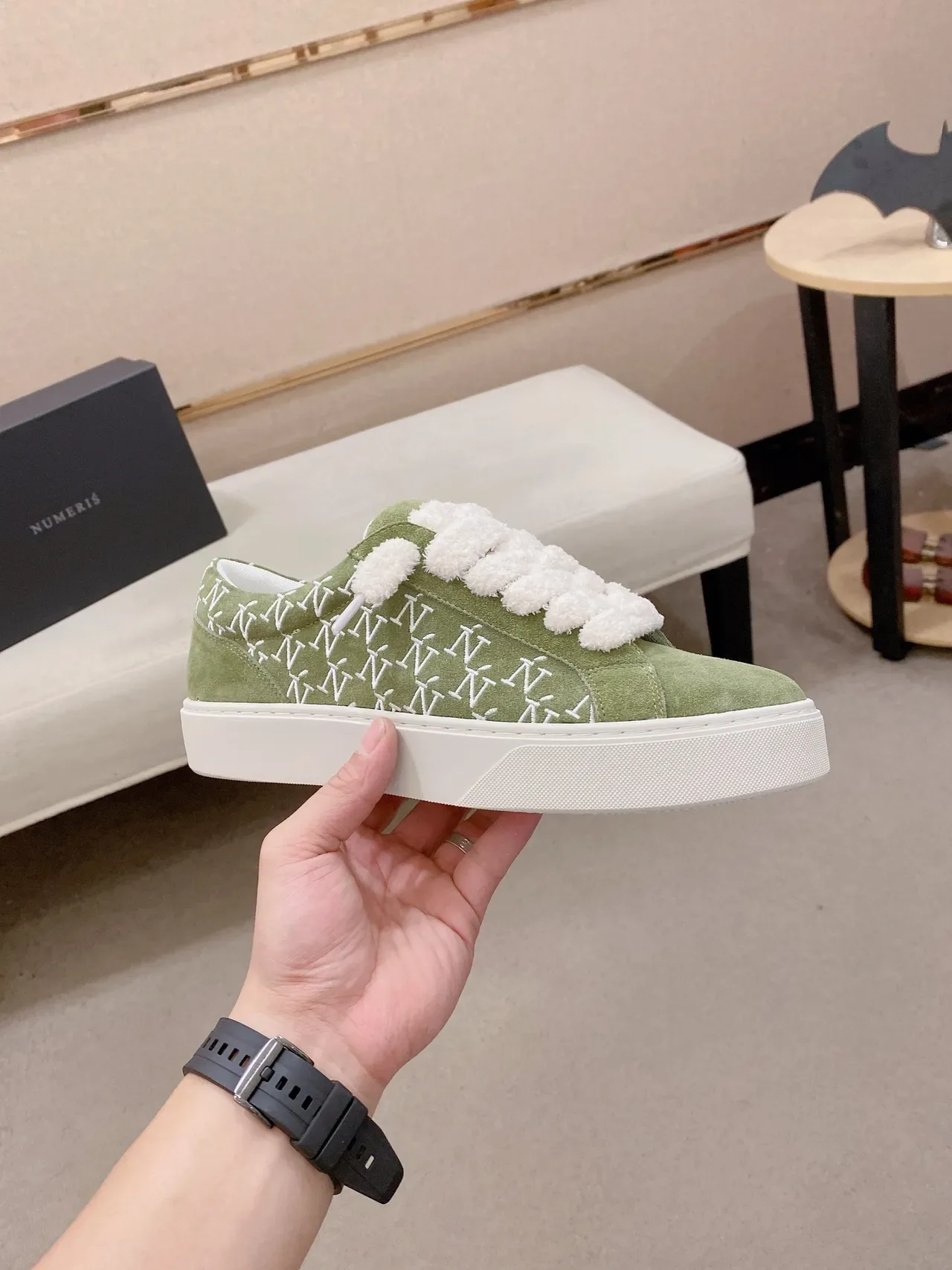 Green White Olive Suede Embroidered N Pattern Sneakers 5