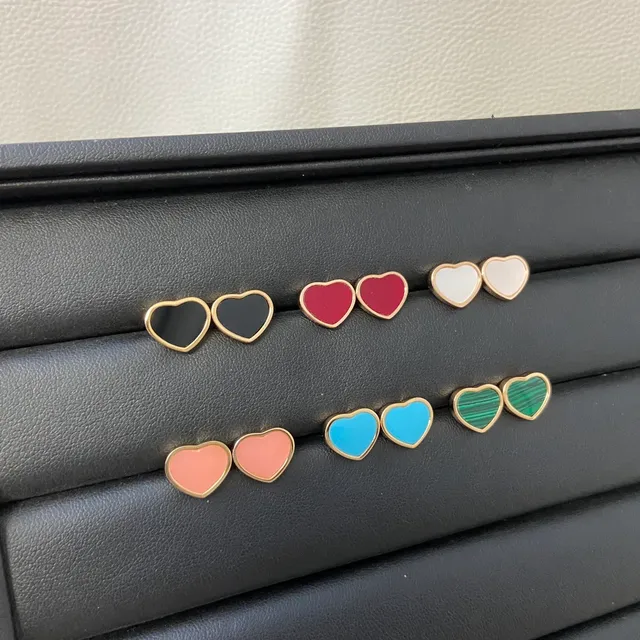 Heart-Shaped Enamel and Stone Inlay Stud Earrings 2