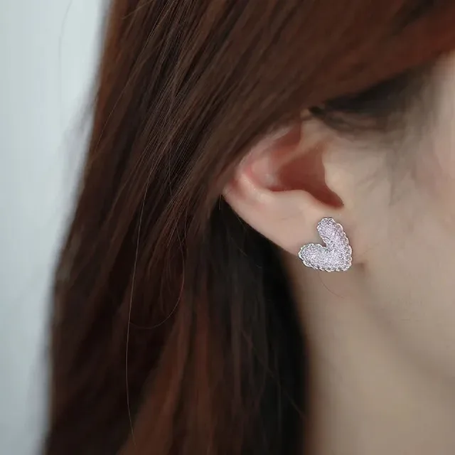 Heart-Shaped Pavé Crystal Pink and Silver Stud Earrings 3