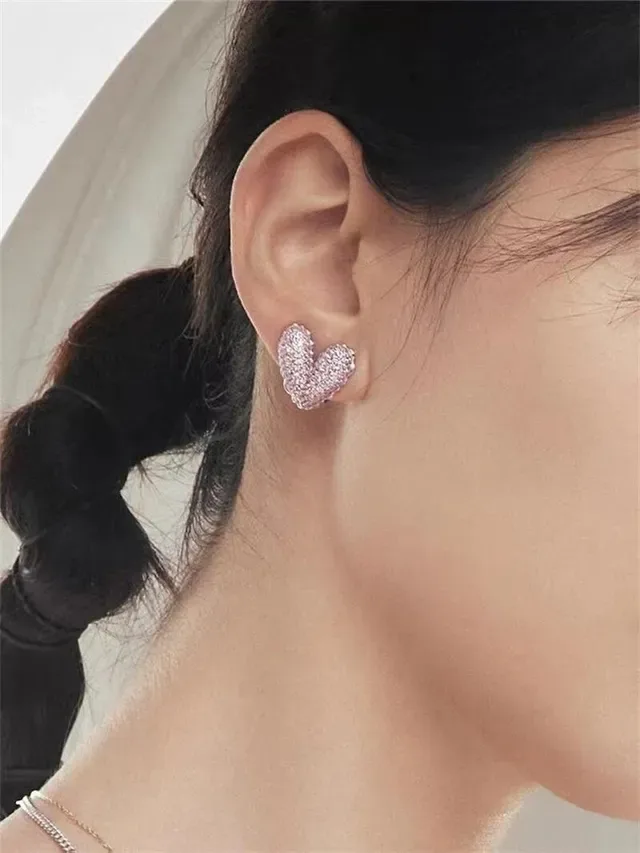 Heart-Shaped Pavé Crystal Pink and Silver Stud Earrings 4