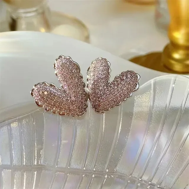 Heart-Shaped Pavé Crystal Pink and Silver Stud Earrings 6
