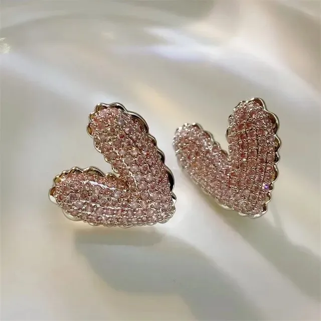 Heart-Shaped Pavé Crystal Pink and Silver Stud Earrings 7