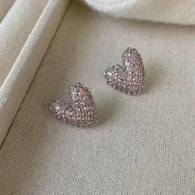 Heart-Shaped Pavé Crystal Pink and Silver Stud Earrings 8