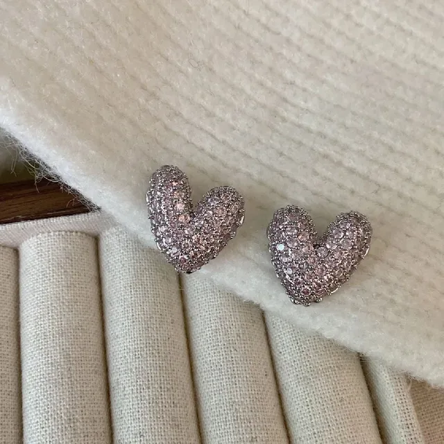 Heart-Shaped Pavé Crystal Pink and Silver Stud Earrings 9