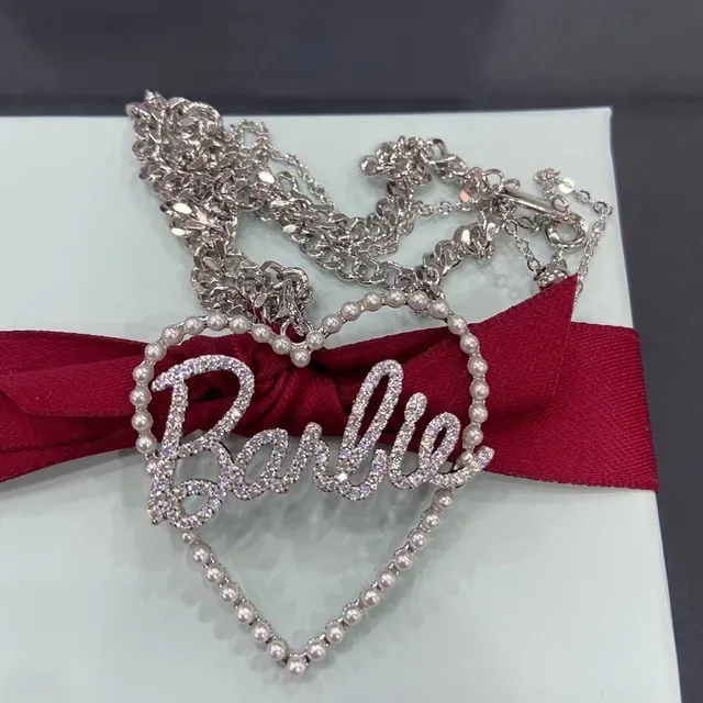 Heart-Shaped Pearl and Crystal 'Barbie' Script Pendant Necklace 4