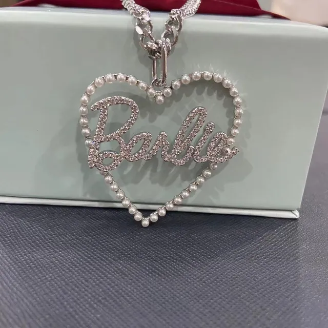 Heart-Shaped Pearl and Crystal 'Barbie' Script Pendant Necklace 5