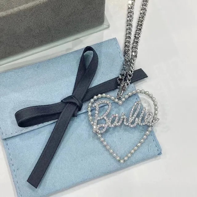 Heart-Shaped Pearl and Crystal 'Barbie' Script Pendant Necklace 8