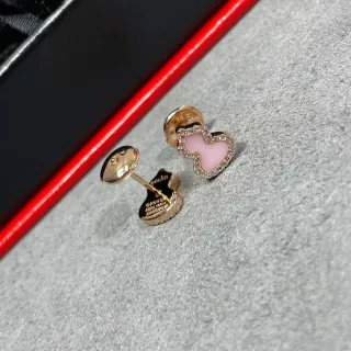 Heart-Shaped Pink Enamel and Pavé Diamond Stud Earrings