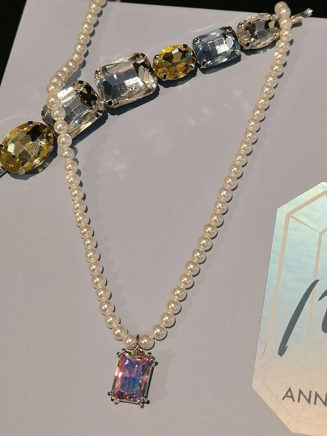 HEFANG Collier de perles beige multicolore pendentif cristal faceté 2