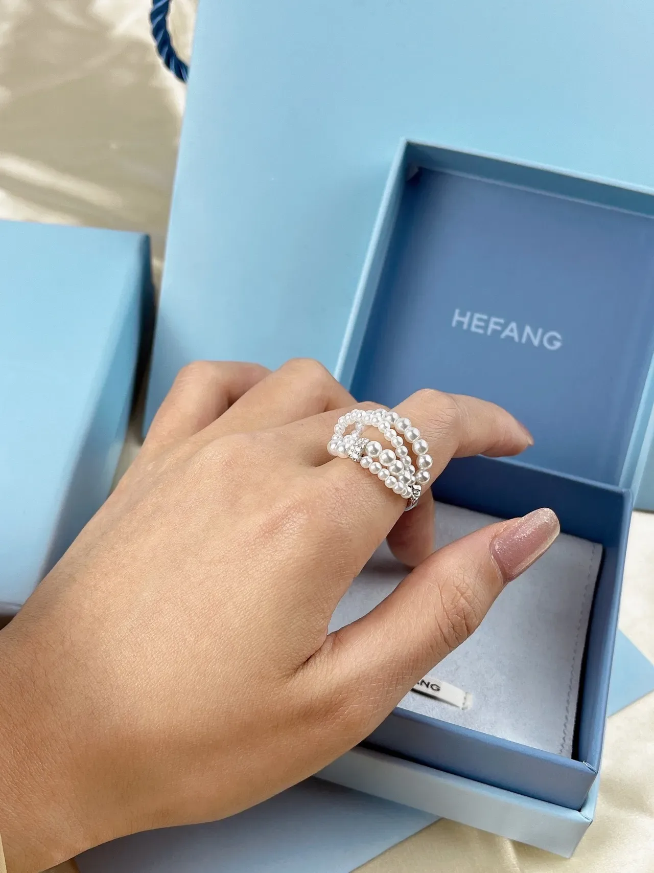 HEFANG Double-Strand Pearl Wrap Crystal Ring 5
