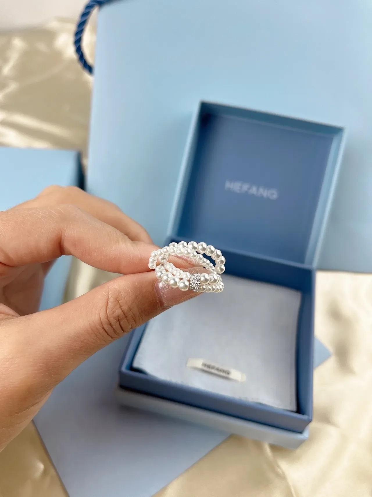HEFANG Double-Strand Pearl Wrap Crystal Ring 9