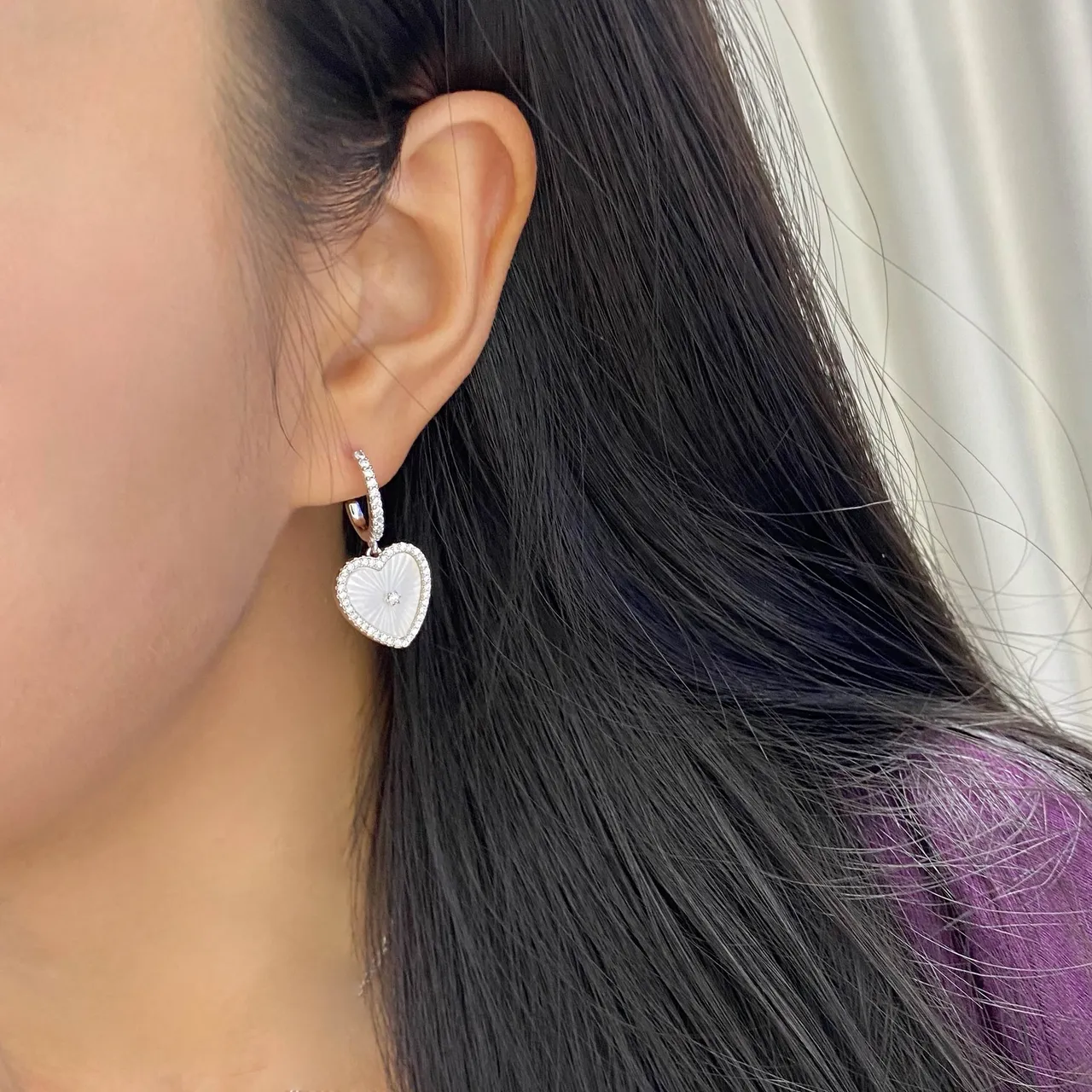 HEFANG Heart-Shaped Pavé Mother-of-Pearl Dangling Earrings 2