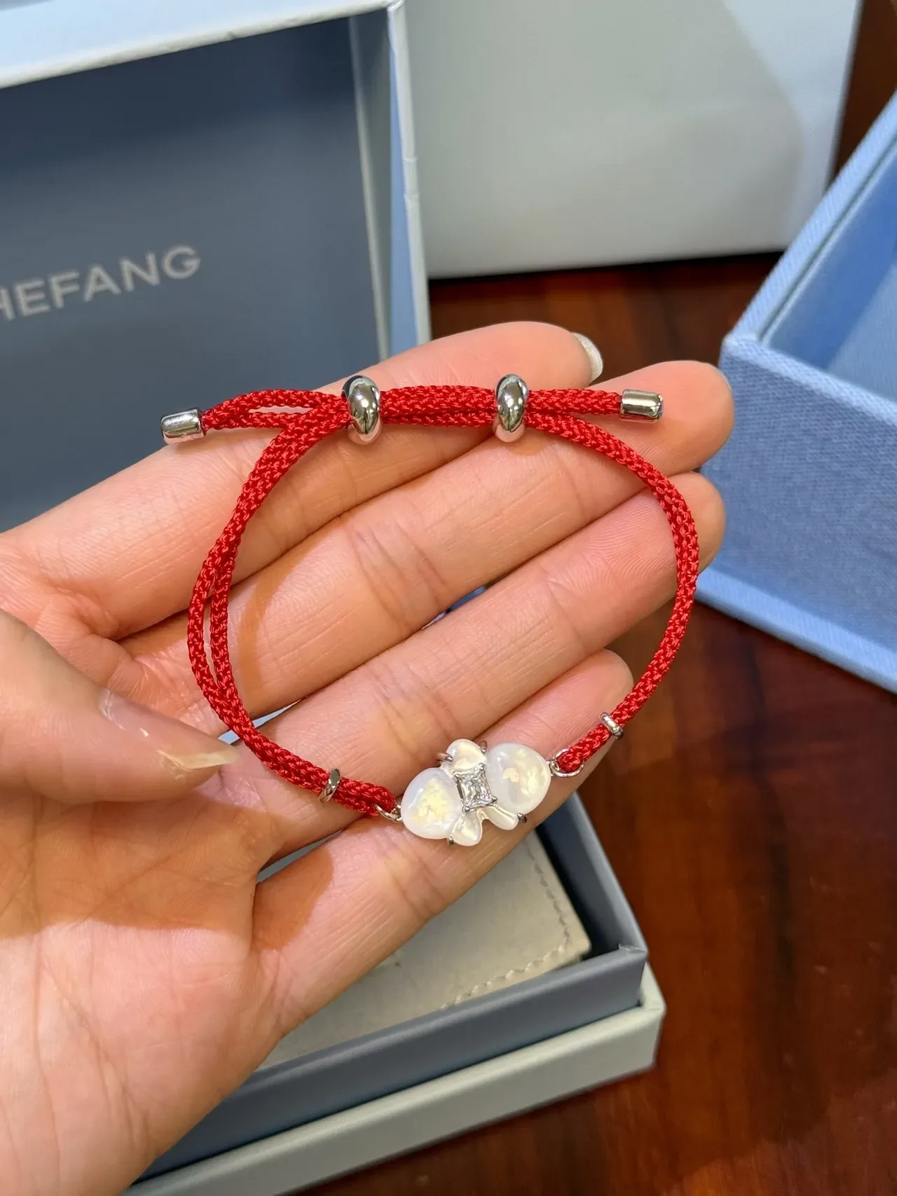 HEFANG Red Braided Cord Pearl and Crystal Floral Motif Bracelet 7