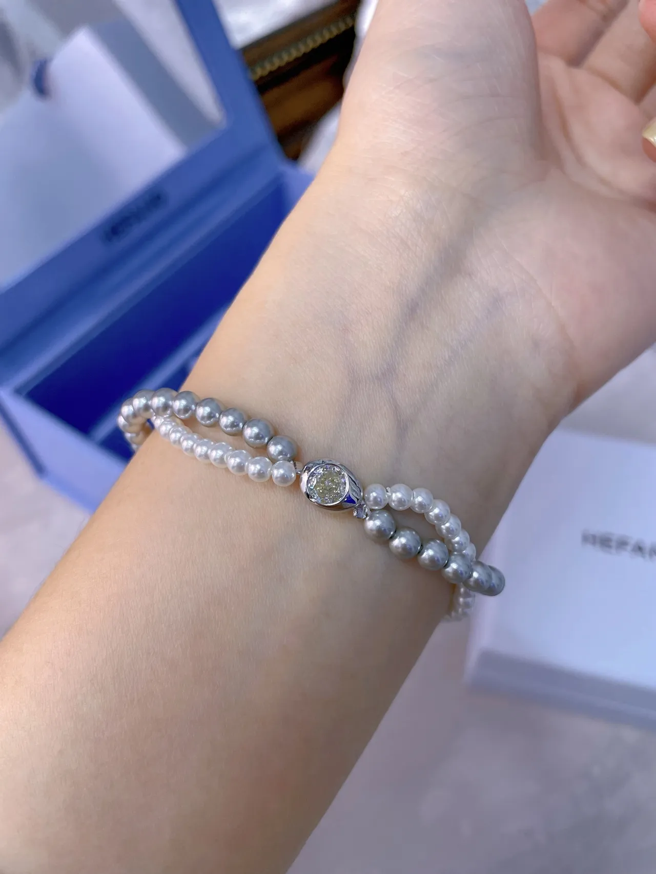 HEFANG Silver White Double-Strand Pearl Metal Bracelet 4