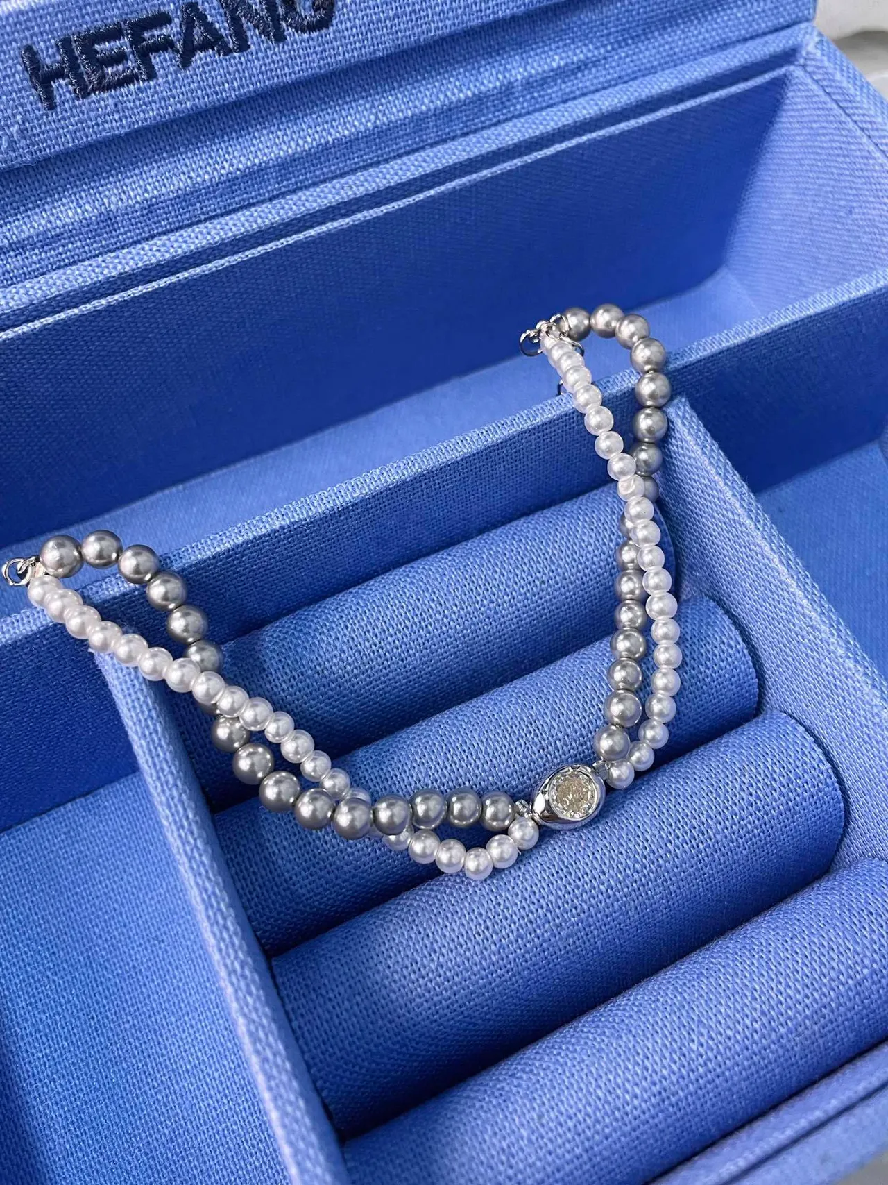 HEFANG Silver White Double-Strand Pearl Metal Bracelet 7