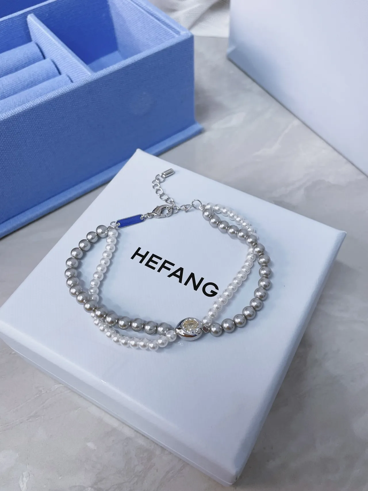 HEFANG Silver White Double-Strand Pearl Metal Bracelet 8