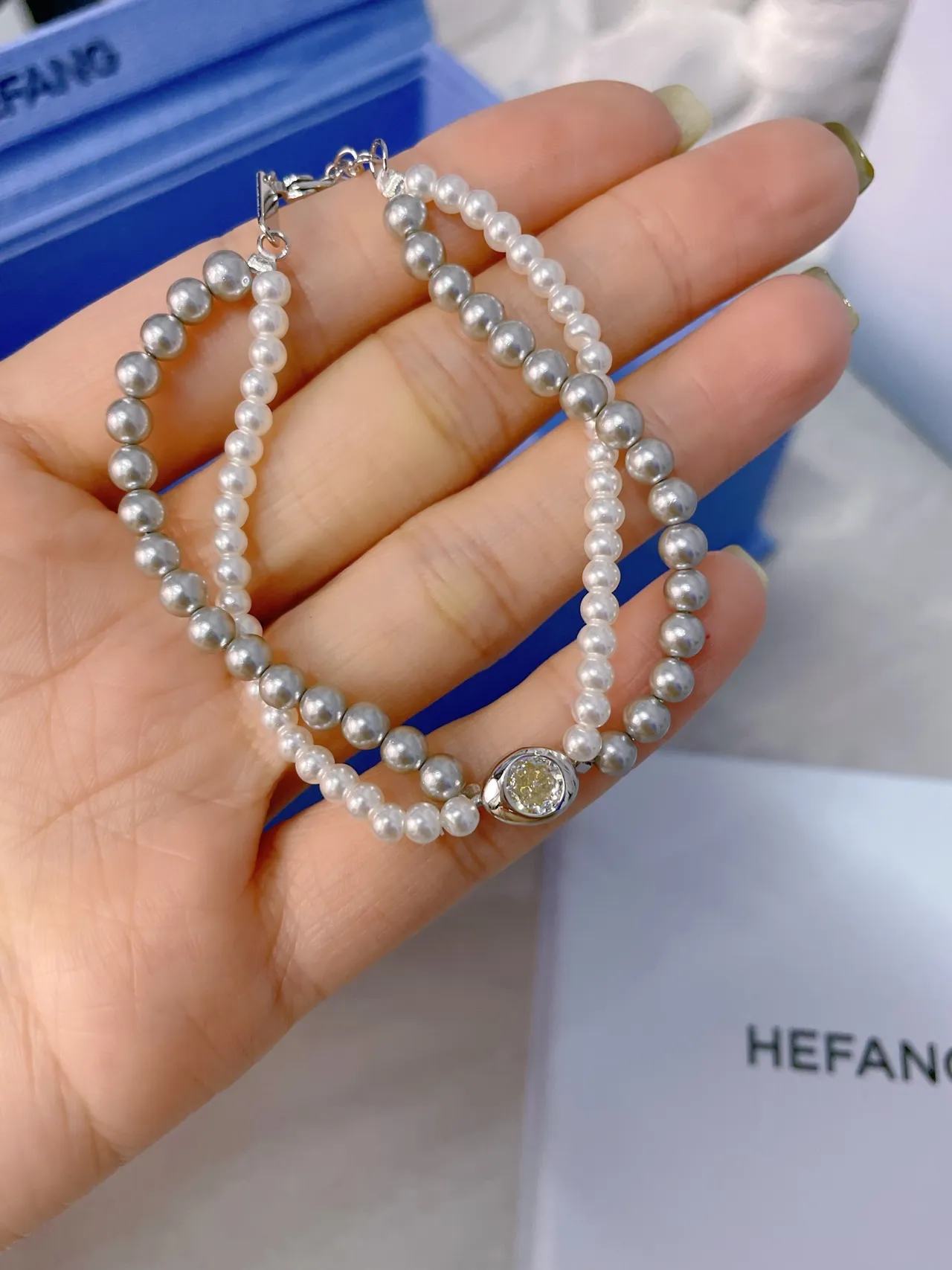 HEFANG Silver White Double-Strand Pearl Metal Bracelet 9