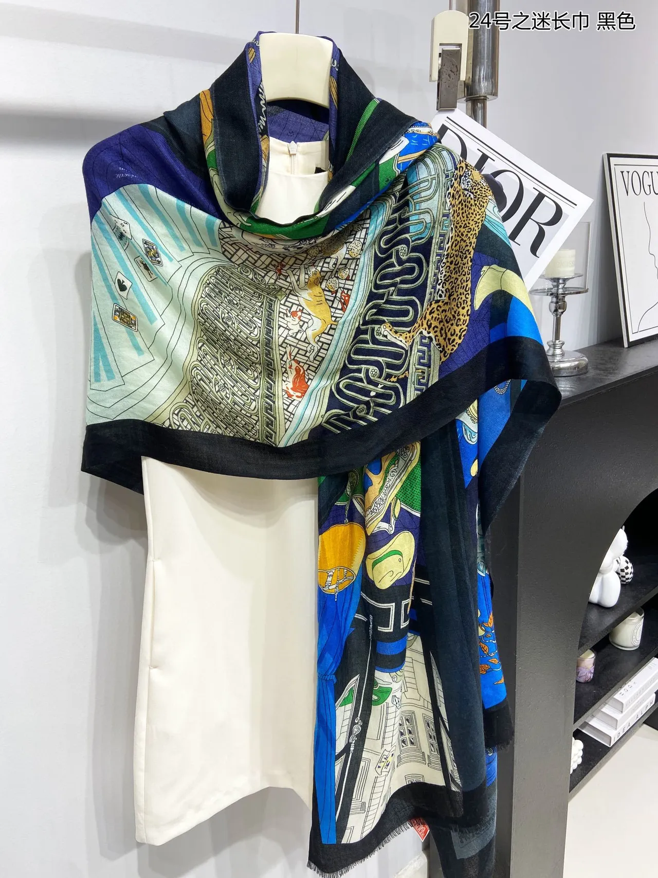 Illustrated Collage Print Fringed Long Silk Scarf 9