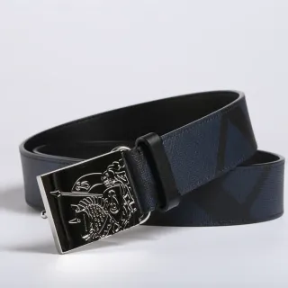 Knight Motif Buckle Navy and Black Geometric Pattern Leather Belt