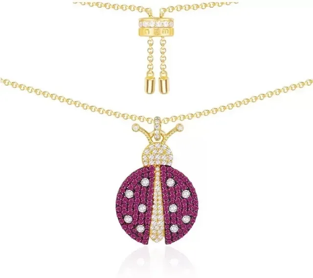 Ladybug Motif Pavé Gemstone Gold-Tone Pendant Necklace 2