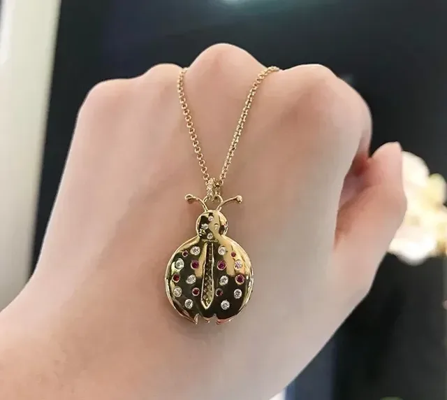 Ladybug Motif Pavé Gemstone Gold-Tone Pendant Necklace 4