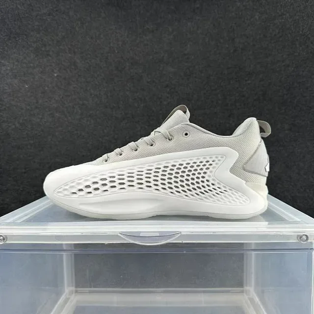 Light Gray and White Knit Upper Perforated Cage Low-Profile Sneaker 2