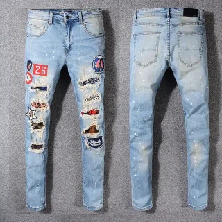 Light Wash Blue Distressed Patchwork Paint-Splattered Slim-Fit Jeans