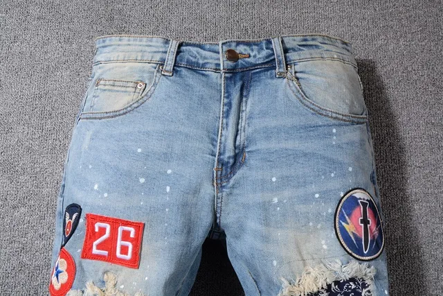 Light Wash Blue Distressed Patchwork Paint-Splattered Slim-Fit Jeans 2
