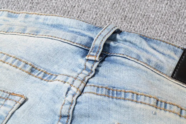Light Wash Blue Distressed Patchwork Paint-Splattered Slim-Fit Jeans 5