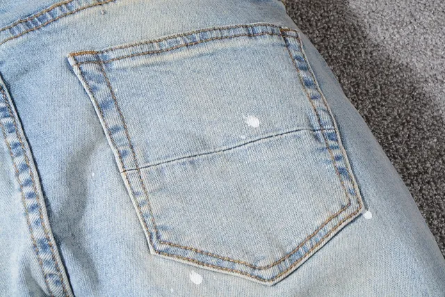 Light Wash Blue Distressed Patchwork Paint-Splattered Slim-Fit Jeans 7