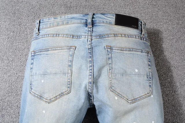 Light Wash Blue Distressed Patchwork Paint-Splattered Slim-Fit Jeans 8