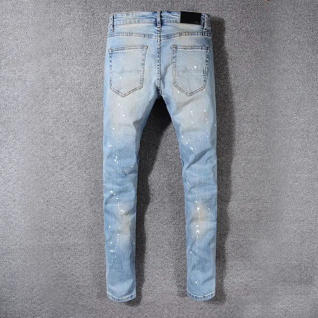 Light Wash Blue Distressed Patchwork Paint-Splattered Slim-Fit Jeans 9