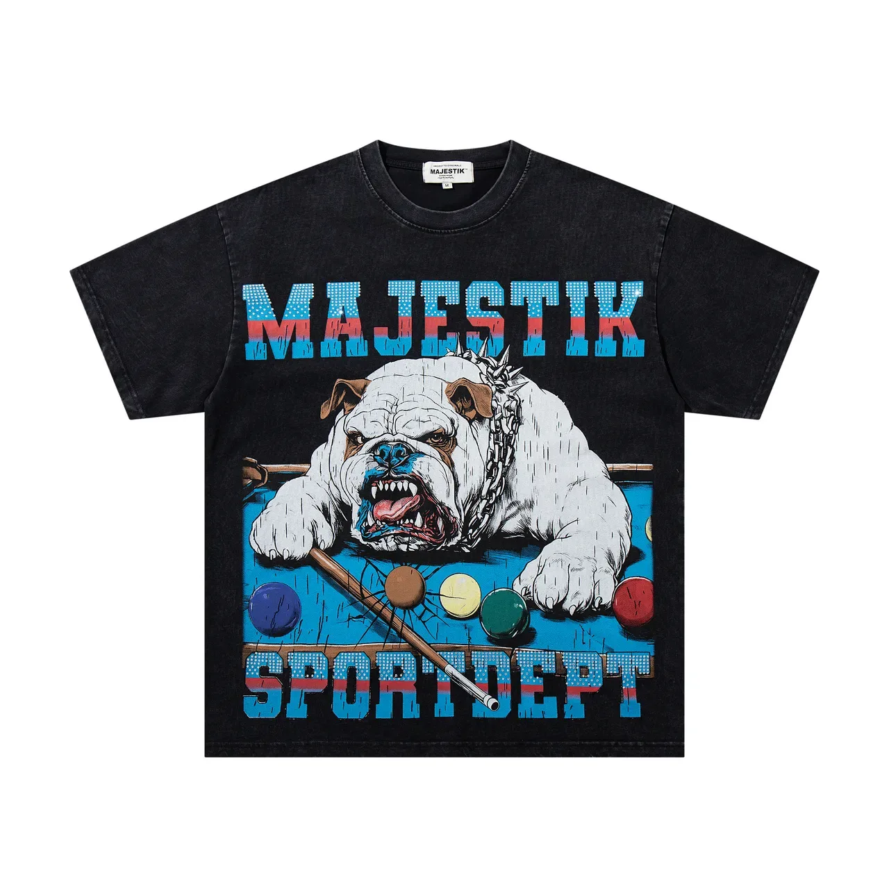 MAJESTIK Graphic-Print Oversized Black Denim-Wash T-Shirt 4