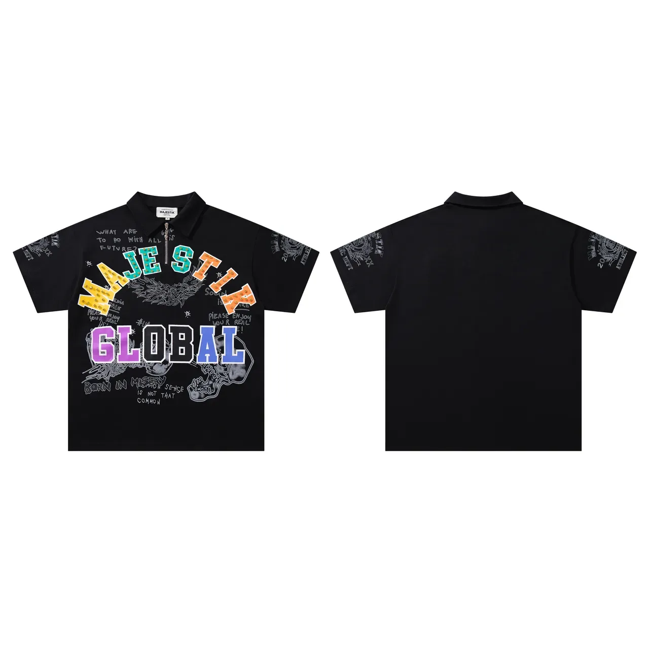 MAJESTIK Graphic-Print Zip-Placket Black Polo Shirt 2