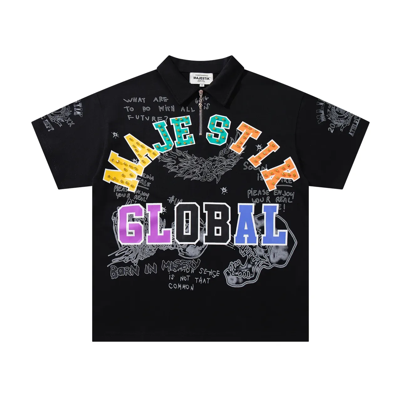 MAJESTIK Graphic-Print Zip-Placket Black Polo Shirt 3