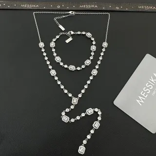 Messika Chaîne Argent Blanc Chaîne Rectangulaire Pierres d'Émeraude de Taille Haloed By Pavé Pierres Rondes Collier