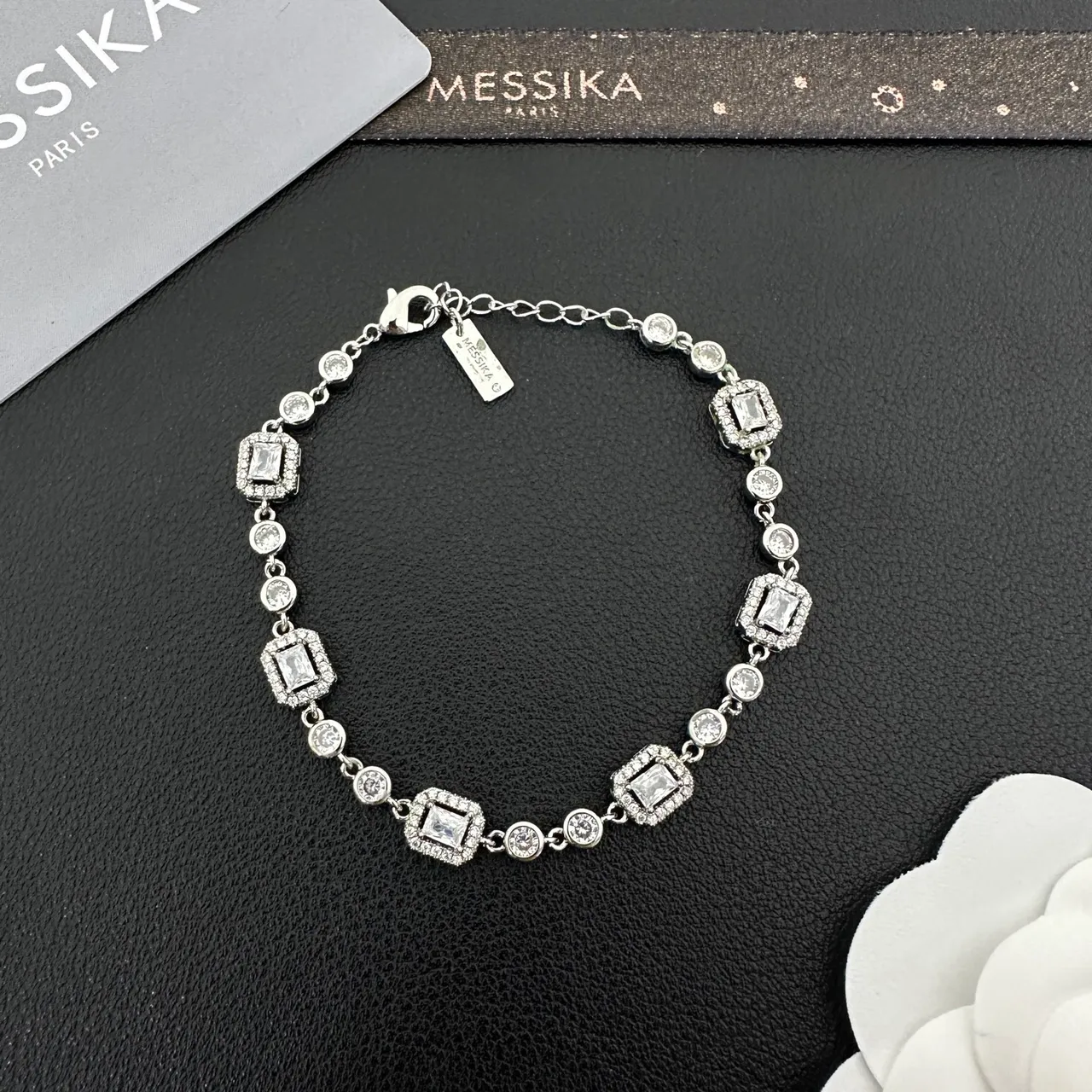 Messika Silver White Chain Rectangular Emerald-Cut Stones Haloed By Pavé Round Necklace 4