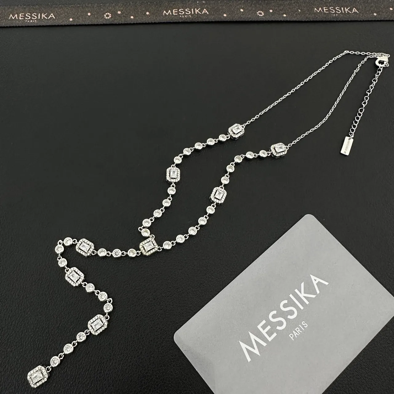 Messika Silver White Chain Rectangular Emerald-Cut Stones Haloed By Pavé Round Necklace 5