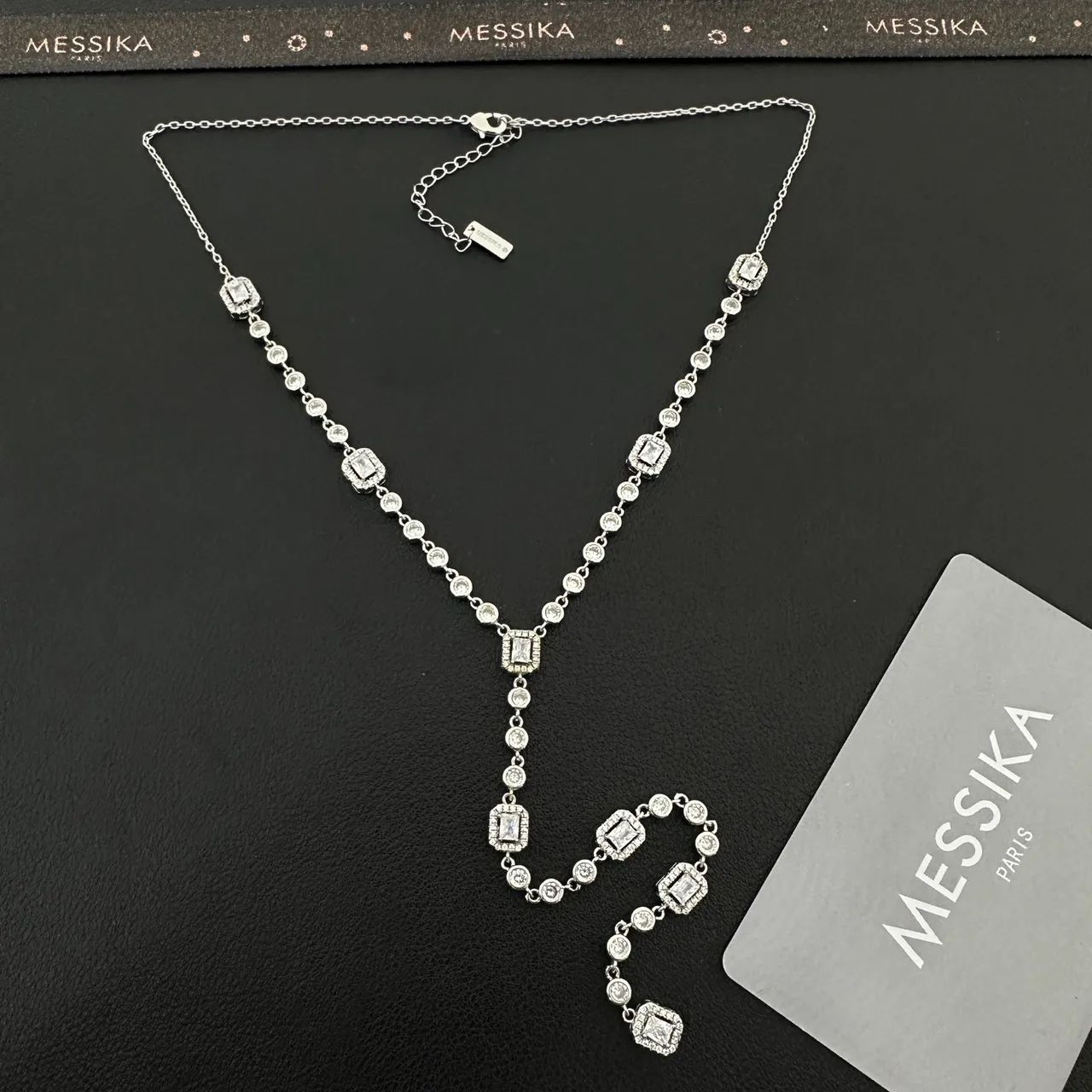 Messika Silver White Chain Rectangular Emerald-Cut Stones Haloed By Pavé Round Necklace 6