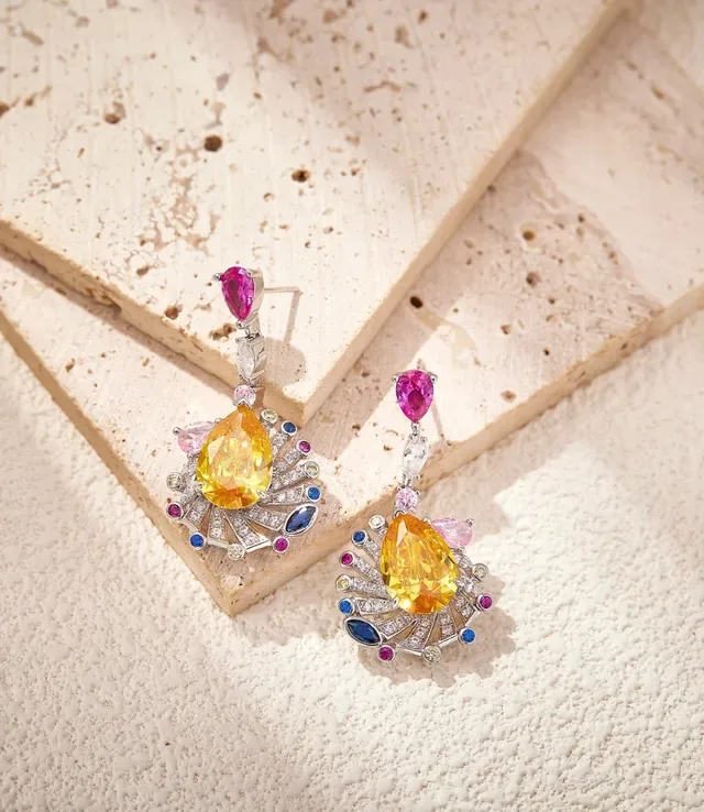 Multicolor Fan Motif Pear-Cut Gemstone Drop Earrings 1