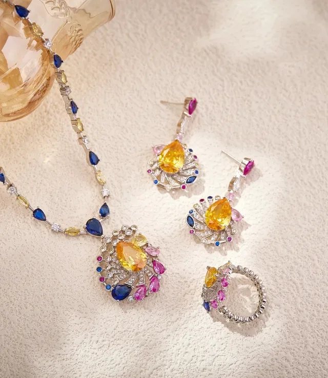 Multicolor Fan Motif Pear-Cut Gemstone Drop Earrings 5
