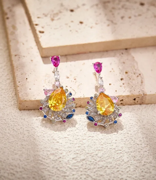 Multicolor Fan Motif Pear-Cut Gemstone Drop Earrings 7