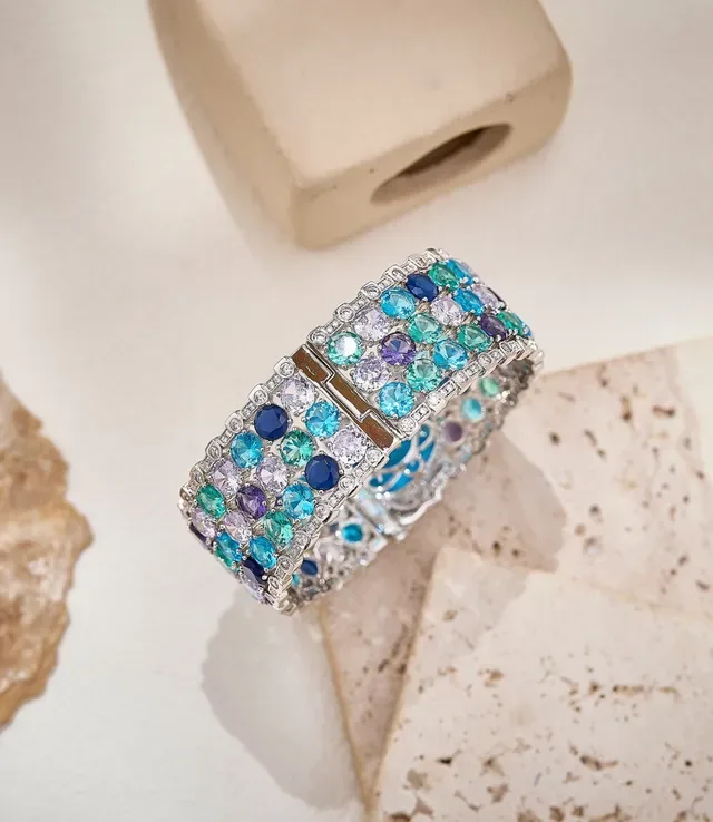Multicolor Gemstone Pavé Oval-Center Wide-Band Bracelet 3