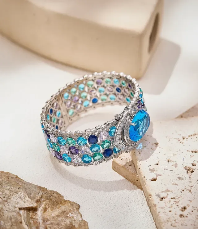Multicolor Gemstone Pavé Oval-Center Wide-Band Bracelet 4