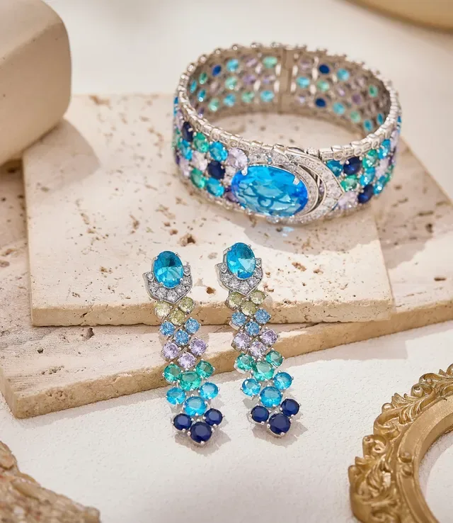 Multicolor Gemstone Pavé Oval-Center Wide-Band Bracelet 6