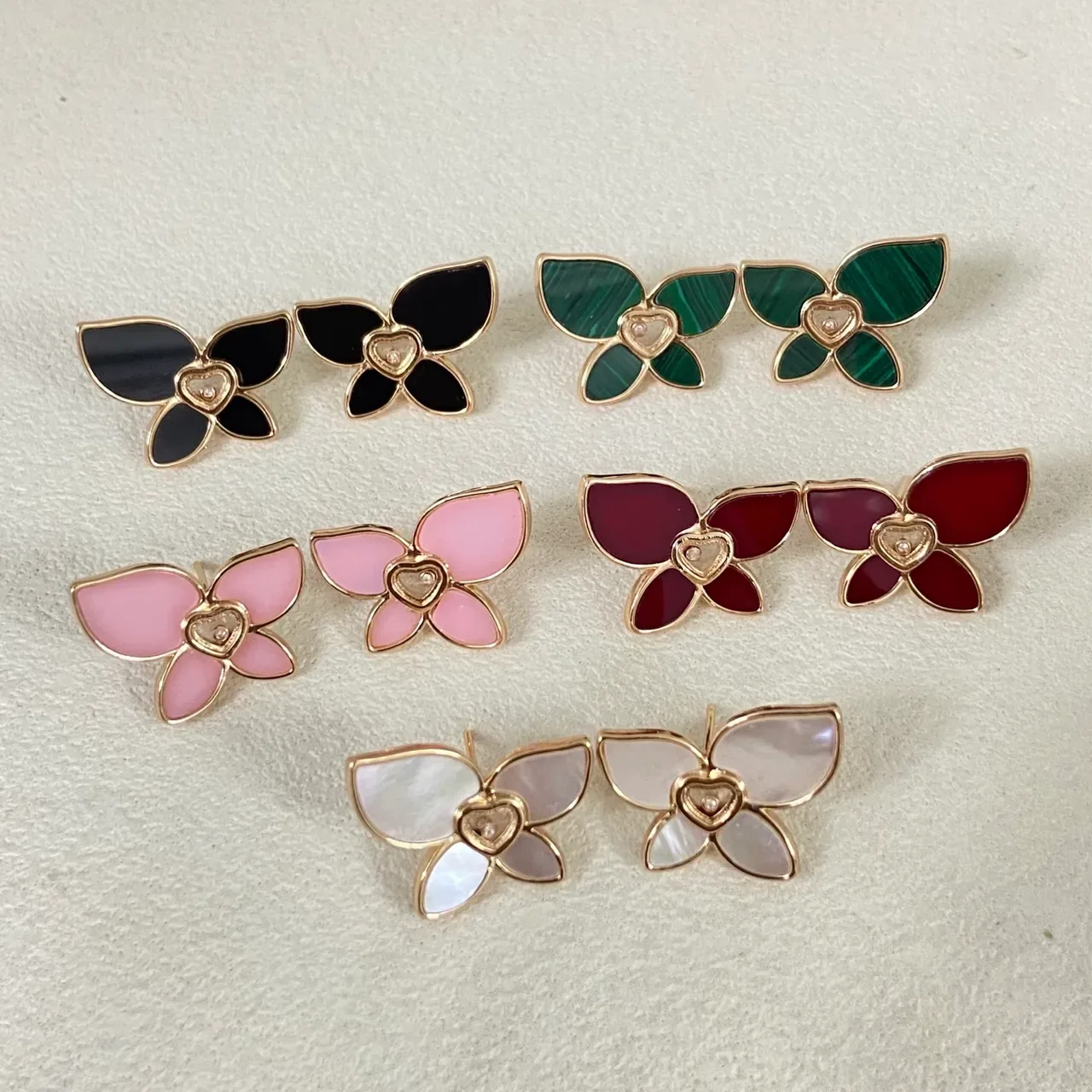 Multicolor Gold Butterfly Silhouette Enamel And Mother-of-Pearl Inlay Earrings 1