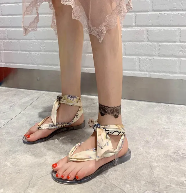 Multicolor Printed Silk Bow Transparent Jelly Casual Sandals 2