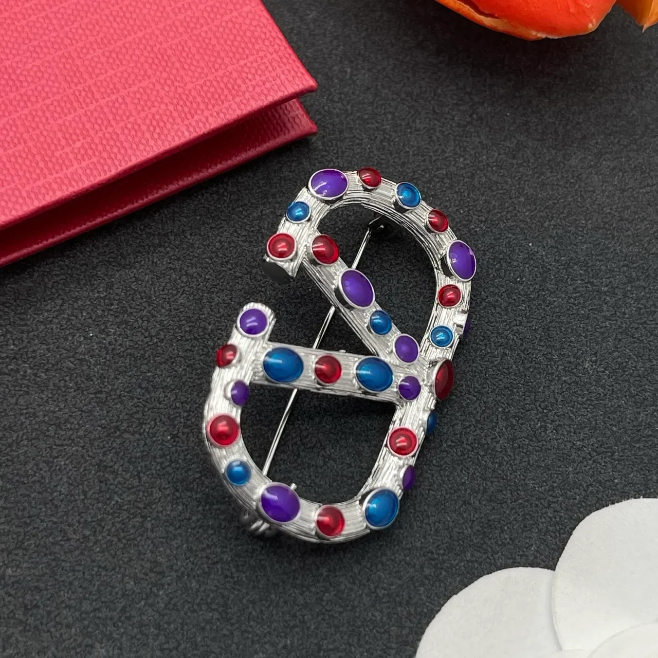 Multicolor Silver Textured Metal Multi-Cabochon Brooch 6