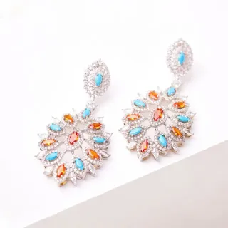 Multicolor Turquoise and Orange Crystal Chandelier Earrings